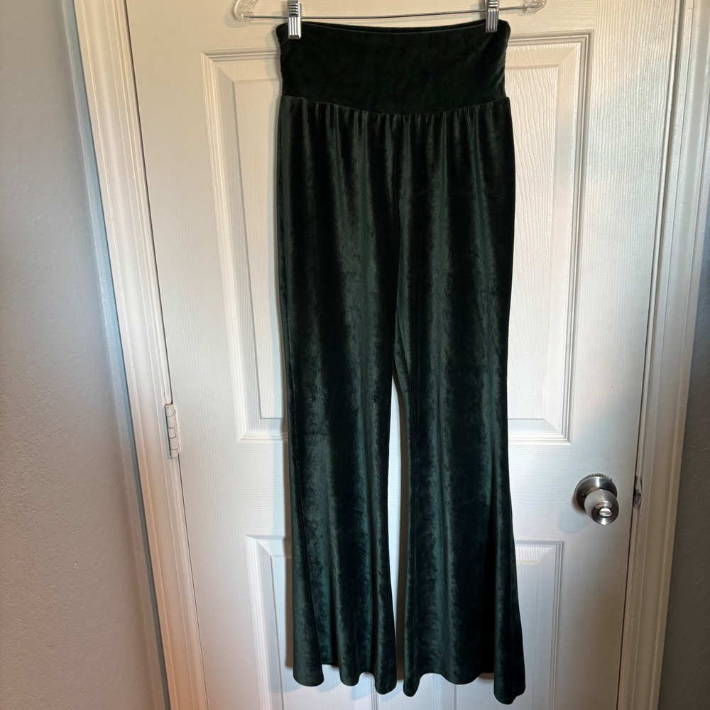 Earthbound Trading Co Boho Green Velvet Corduroy Flare Pants Bell Bottoms Medium - Picture 2 of 13